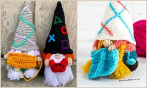 Discover the charming gnome crochet pattern with this delightful trio: one gnome in a light gray hat and mask, another flaunting a black hat adorned with colored shapes, and on the right, a gnome in a white hat decorated with colored lines, snugly holding a blue scarf.