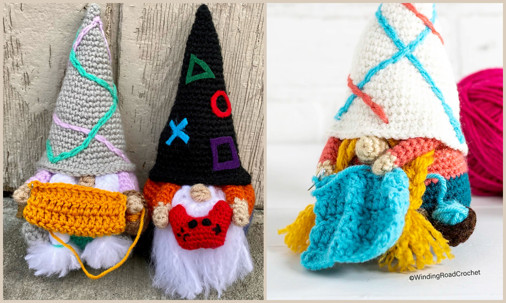 Discover the charming gnome crochet pattern with this delightful trio: one gnome in a light gray hat and mask, another flaunting a black hat adorned with colored shapes, and on the right, a gnome in a white hat decorated with colored lines, snugly holding a blue scarf.