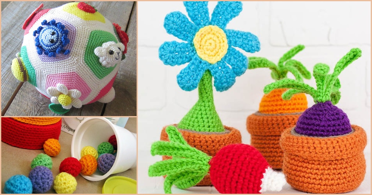 Colorful crocheted toys, perfect as a toy for a baby or toddler, include a geometric ball, a blue flower in a pot, and various vegetables displayed on a surface.