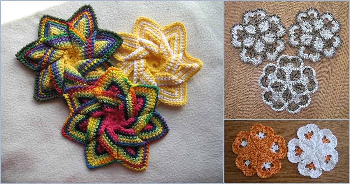 Crocheted floral hot pads in various colors, including multicolor, yellow, white, and brown, are beautifully arranged on a soft surface and wooden table.