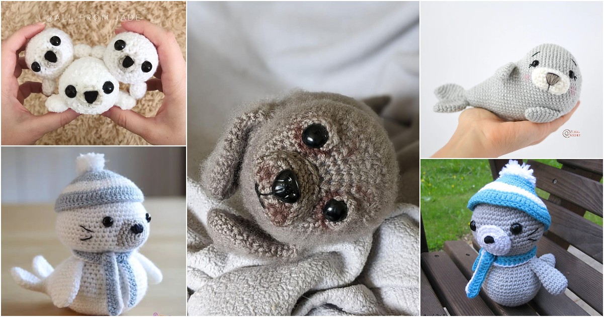 Collage of five crocheted baby seal plushies, each uniquely designed, with various colors and expressions, held by hands or posed on surfaces.