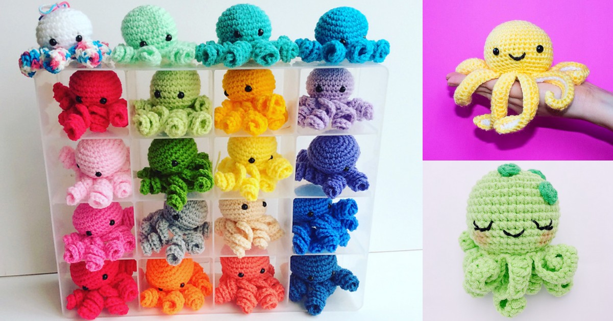 A charming display of crocheted octopus toys in various colors, featuring a tiny octopus in vibrant hues. Separate images showcase a yellow octopus on a pink background and a green one with an expressive face.