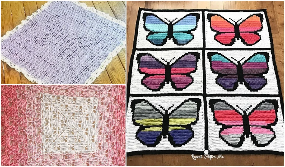 Three crochet blankets include a lovely lavender square blanket, a charming pink and white square blanket, and an enchanting rectangular butterfly blanket adorned with six colorful butterfly designs.