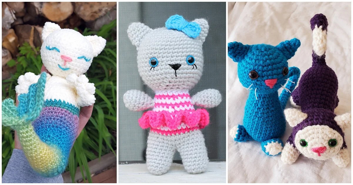 Three crocheted cat amigurumi toys: a white mermaid cat, a gray cat with a pink dress, and a blue and purple cat pair adorned with bright embellishments.