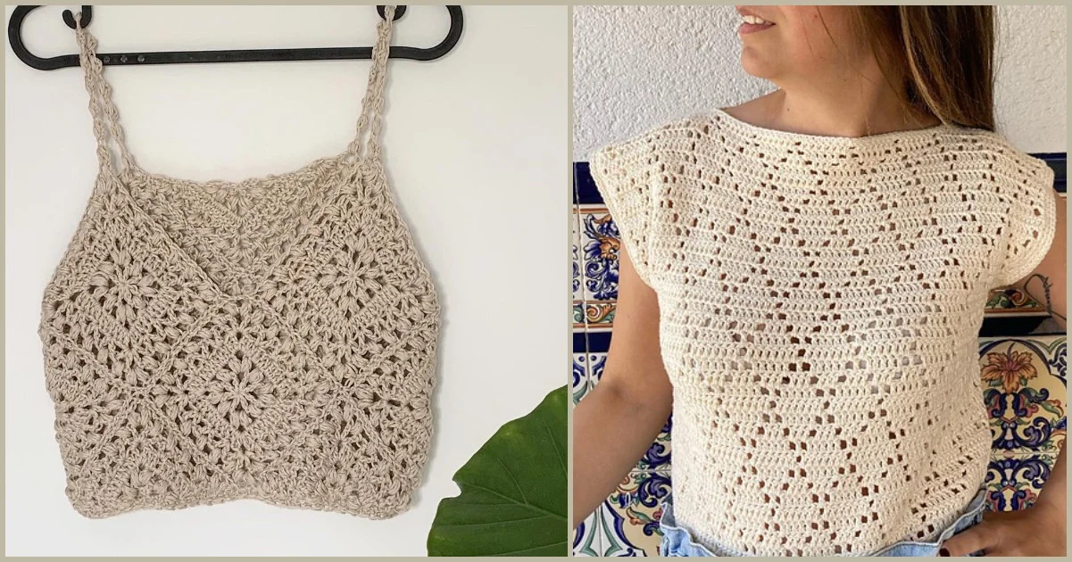 A crocheted beige crop top hangs on a black hanger beside a person in a white crocheted top, with a decorative tile wall as the backdrop. Nearby, an enticing free crochet bunny pattern awaits those eager to craft delightful creations.