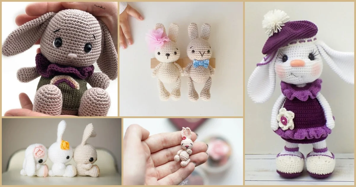 A collage of five crocheted bunny toys in various poses and outfits, including a small pair, a large one with a hat, and several natural and pastel colors. Perfect inspiration for those seeking a free crochet bunny pattern.