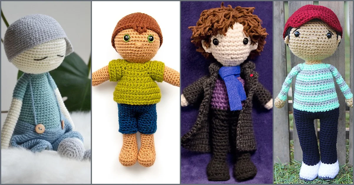 Four crocheted dolls are lined up: a boy doll in a blue outfit, another in a green shirt and shorts, one with a coat and tie, and one in a striped sweater with red hair.