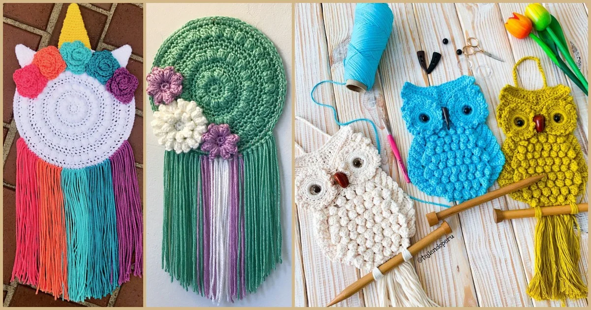 Three crocheted wall hangers: a unicorn with multicolored fringe, a circular piece adorned with flowers and green fringe, and two owls in blue, white, and yellow with crochet hooks nearby.