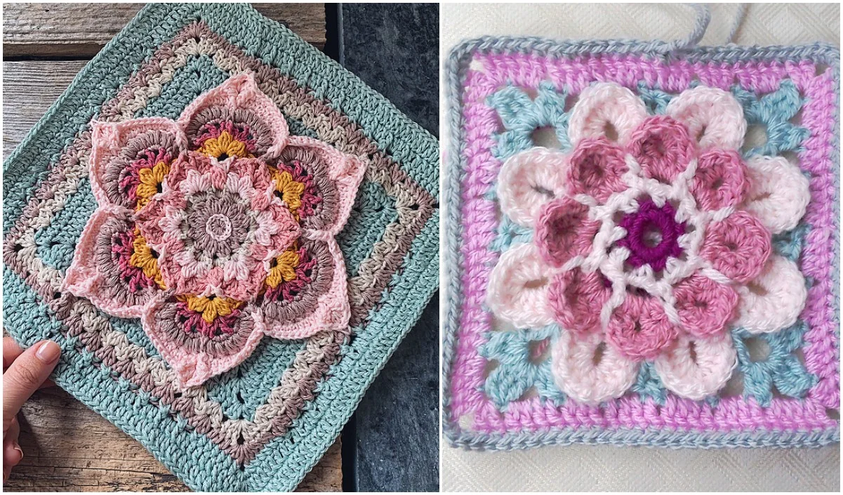 Two colorful crochet samples with floral patterns, one featuring blooming flower square designs in pink and yellow hues on the left, and the other with pink and purple tones on the right, both framed by pale borders.