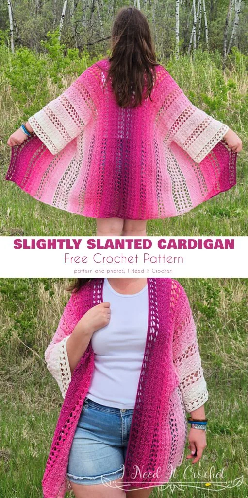 Woman wearing an airy summer cardigan in pink and white crochet with wide sleeves, standing outdoors with her back turned in the top image and holding the cardigan open in the bottom image.