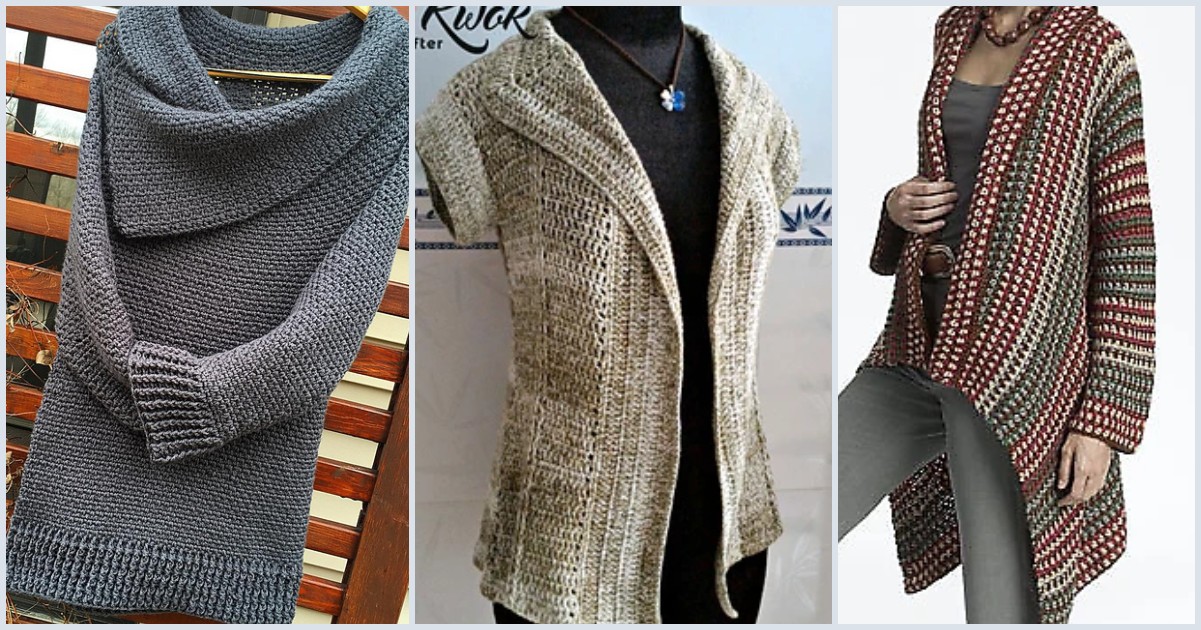 Three knitted sweaters are displayed: a gray cowl neck sweater, a beige open-front sweater on a mannequin, and a multi-colored cardigan worn by a person with jeans. Nearby, an asymmetrical jacket adds an edgy touch to the collection.