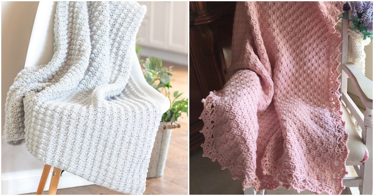 Two crocheted guest throws draped over chairs; one gray on a white chair and one pink with a scalloped edge on a wooden chair.