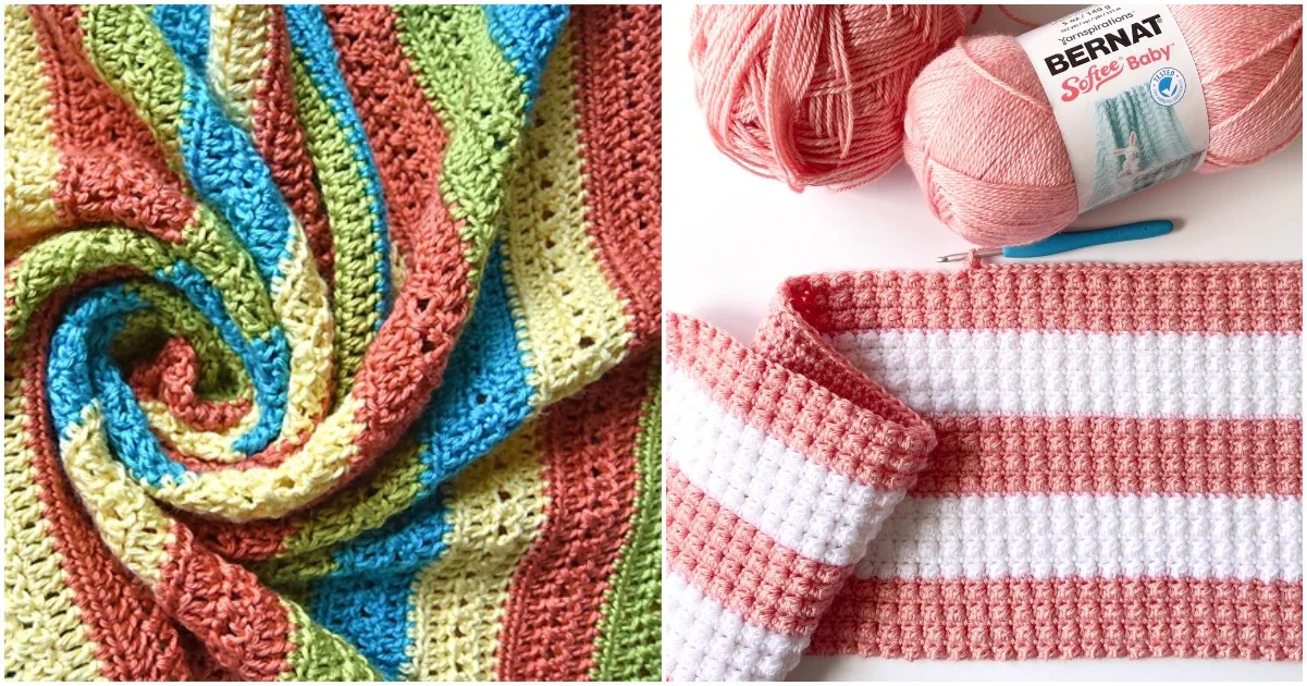 Two images of crocheted items: the left showcases a multicolored striped blanket, while the right displays a pink and white striped blanket in progress, with yarn and crochet hooks beside what appears to be an emerging crochet raglan.