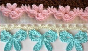 Two crochet patterns: a pink flower design on brown yarn and a blue bow design on white yarn, each featuring beautiful edging that enhances the overall elegance.