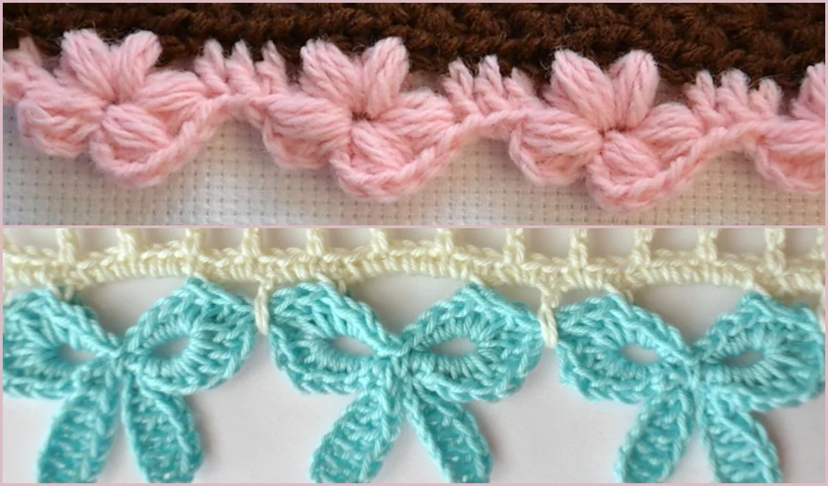 Two crochet patterns: a pink flower design on brown yarn and a blue bow design on white yarn, each featuring beautiful edging that enhances the overall elegance.