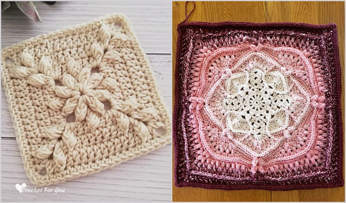 Two textured crochet squares: one in cream with a floral pattern on the left, and the other in pink, white, and purple with an intricate lace-like design on the right. Imagine these as part of a colorful bedspread that brings warmth and elegance to any bedroom.