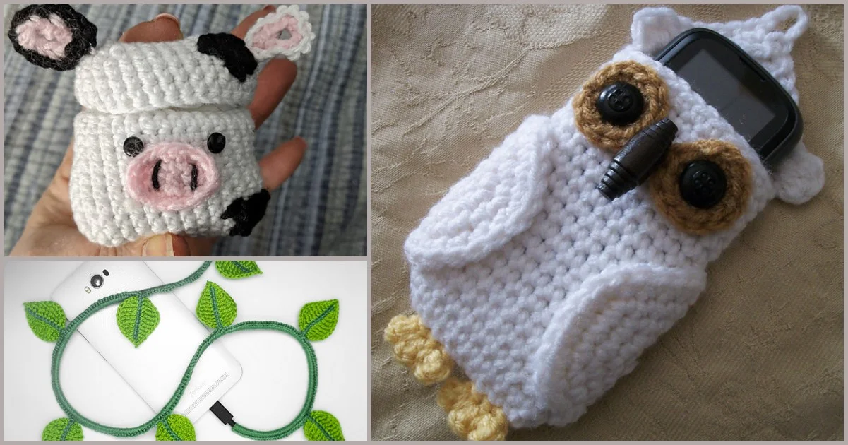 Crocheted phone accessories include a charming phone holder shaped like an owl, accompanied by a cow-themed container and a leaf-covered USB cable.