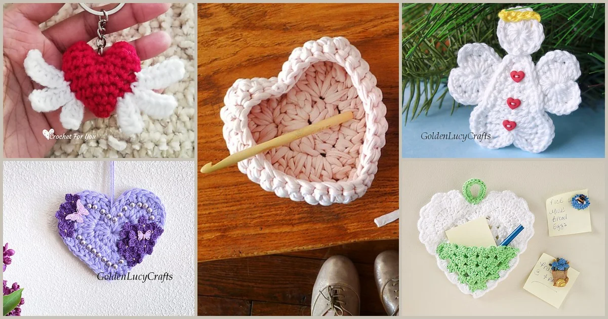 Collage of crocheted items showcasing 5 easy Mother's Day gifts: a heart-shaped keychain, bowl, angel, wall decorations, and a heartfelt bookmark with notes.