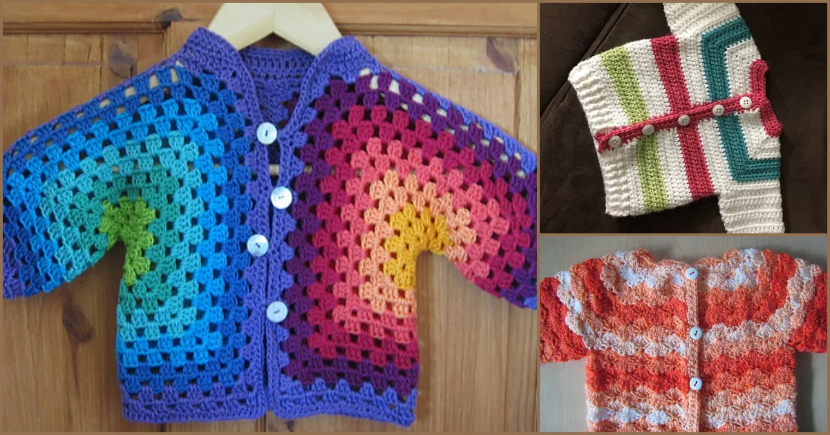 Three crocheted baby cardigans in multicolored patterns and buttons: a rainbow gradient, striped, orange-white mix, and a simple shrug style.