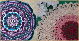 Two stunning, multicolored crochet mandalas resemble lacy doilies, with intricate patterns and floral designs. The one on the left boasts vibrant purple tones, while the right showcases delicate pink and beige hues.