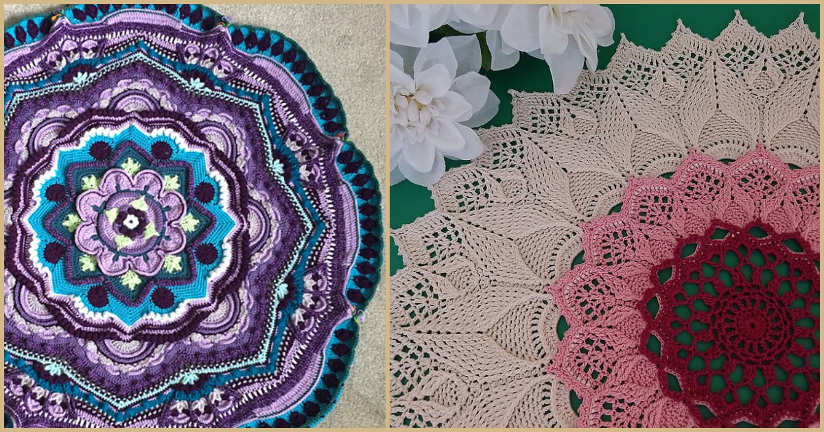 Two stunning, multicolored crochet mandalas resemble lacy doilies, with intricate patterns and floral designs. The one on the left boasts vibrant purple tones, while the right showcases delicate pink and beige hues.