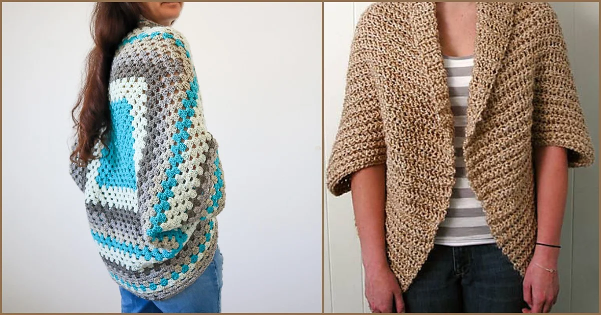 Two crochet cardigans: Left, a multicolored piece with blue and gray worn sideways; Right, a simple shrug in beige, front view, casually draped over a striped shirt.