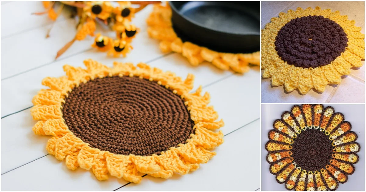 Crocheted sunflower placemats with brown centers and yellow petals are accompanied by matching sunflower potholders, creating a charming set displayed in various settings.