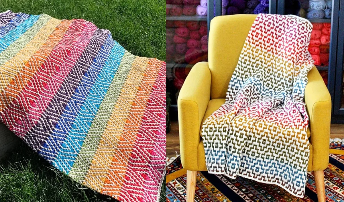 Two blankets with colorful geometric patterns: one rainbow mosaic blanket on grass with diagonal stripes and another on a yellow chair featuring a rectilinear design. Yarn peeks through in the background, adding a cozy touch.