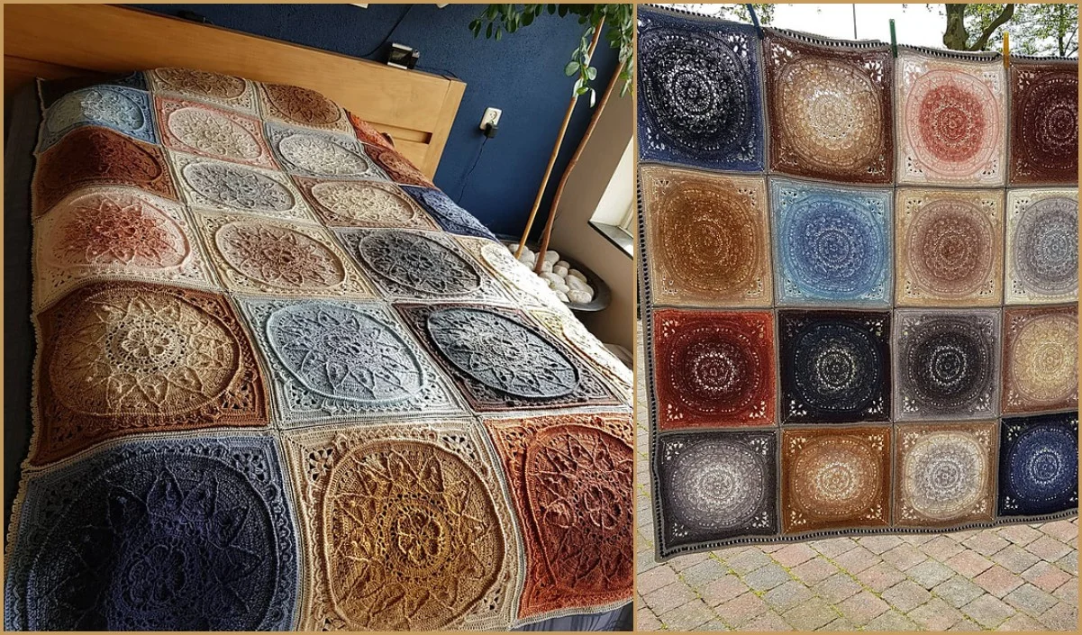 A colorful bedspread, this crocheted blanket features intricate geometric patterns in earthy and cool tones. Perfectly draped over a bed, it also looks stunning when displayed outdoors.