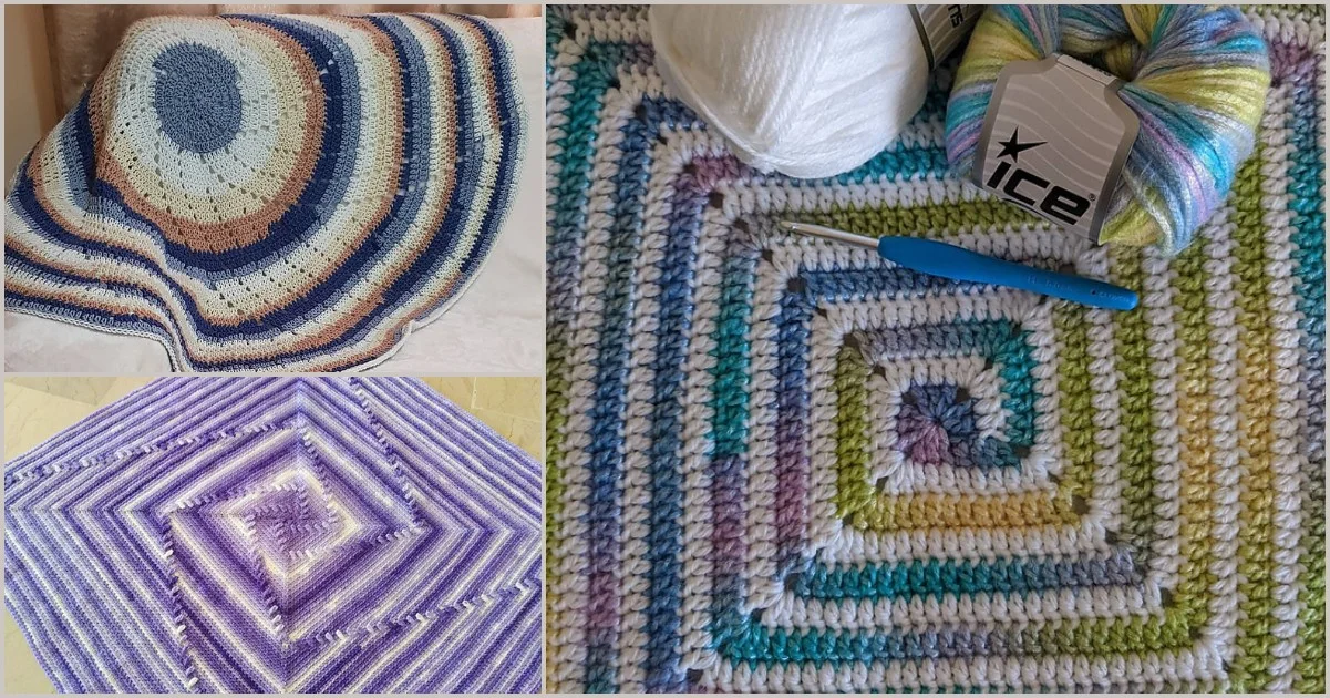 Displayed are crochet projects: a multicolored swirl blanket with a circular pattern, a purple and white hexagon, and an in-progress square accompanied by yarn and a crochet hook.