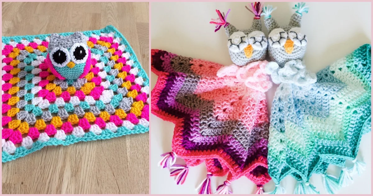 Charming crocheted baby blankets with adorable baby owl loveys are artfully displayed on a wooden surface.