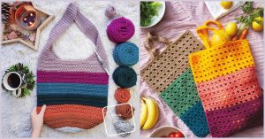 Two crocheted tote bags in striped patterns rest among yarn balls and fruits. One tote showcases purple to orange hues, while the other flaunts green to pink. A hand reaches for a cup of coffee nearby, sparking bag ideas and cozy inspirations.