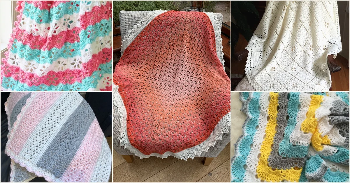 A collage of five crochet blankets in various colors and patterns, including a delicate spring baby blanket, elegantly draped over surfaces.