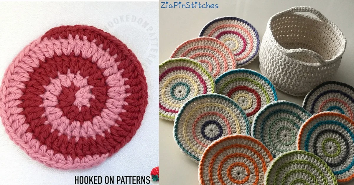 A crocheted spiral placemat in pink and red graces the left, while an array of colorful roller coaster-themed coasters and a white basket add charm to the right.