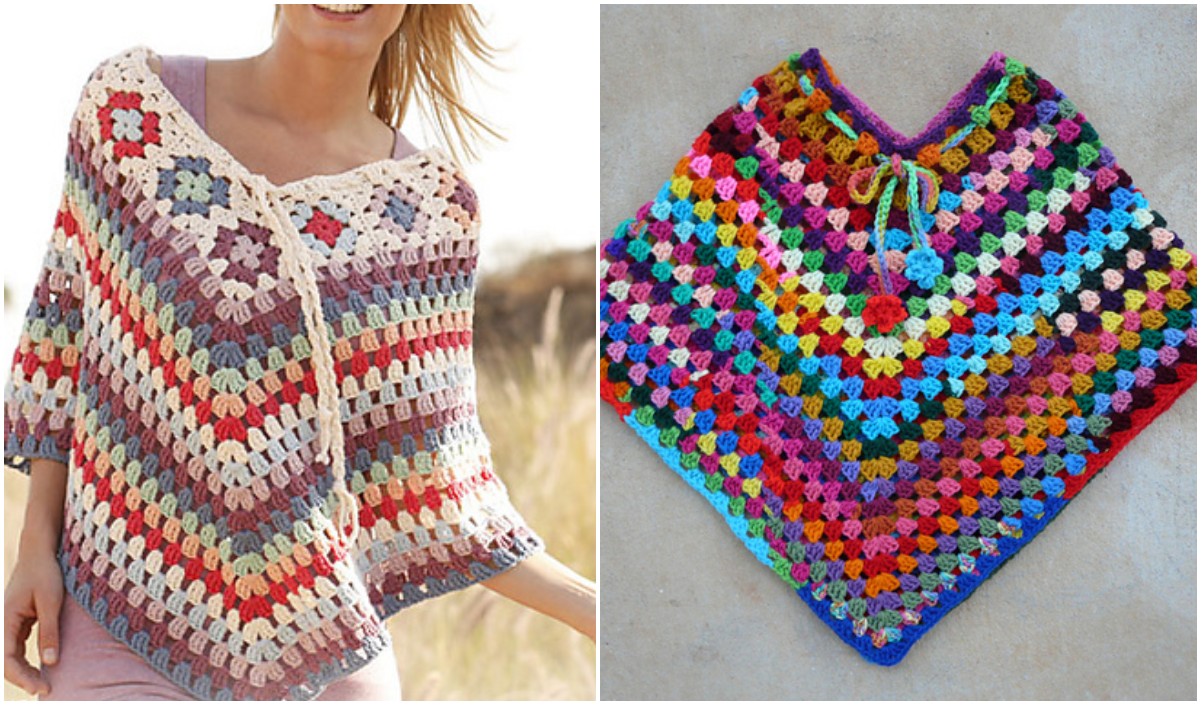 Two crochet granny ponchos are displayed. The left one showcases striped granny squares, while the right boasts a colorful chevron pattern. Both feature tassel ties at the neck, blending tradition with style effortlessly.