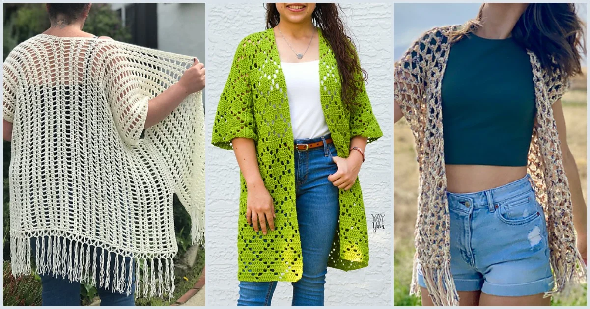 Three women showcase airy summer cardigans in diverse styles: one cream with fringe, one bright green, and the final beige paired with a green top and denim shorts.