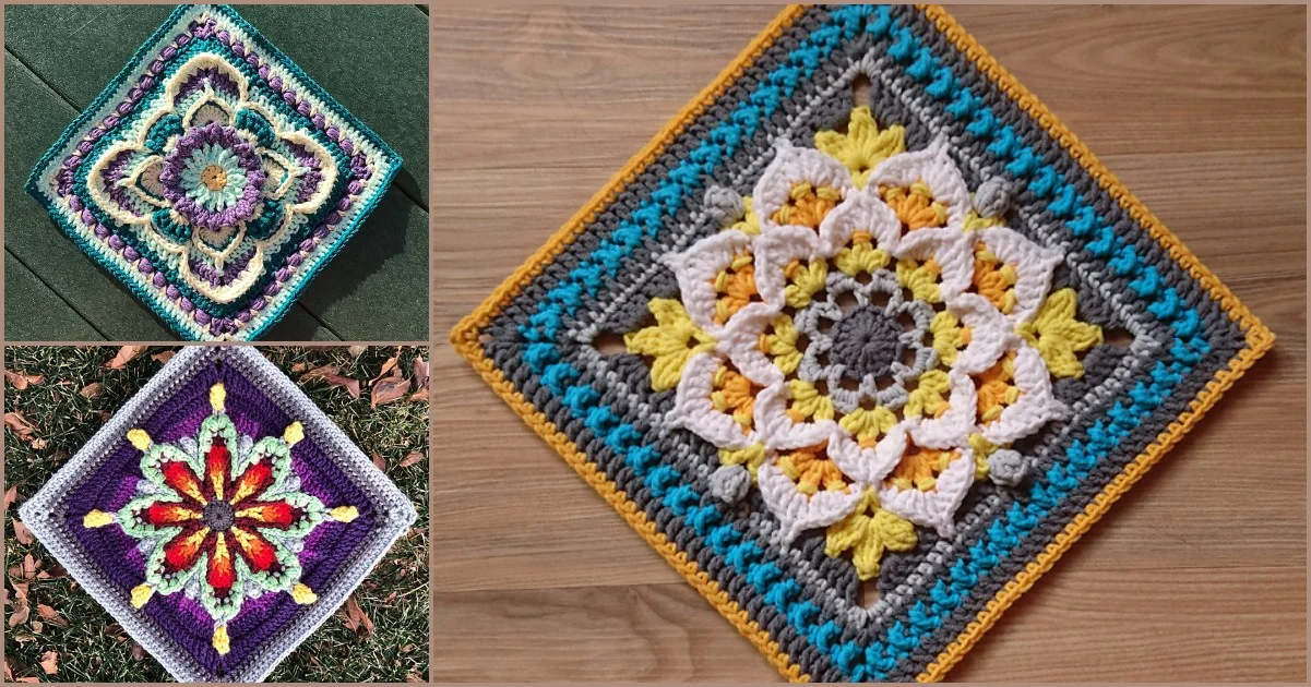 Three crochet squares with intricate patterns and vibrant colors are artistically placed on various backgrounds.