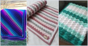 Three crocheted blankets: a blue and purple gradient, a pink and grey striped baby blanket, and one in green, white, and teal.