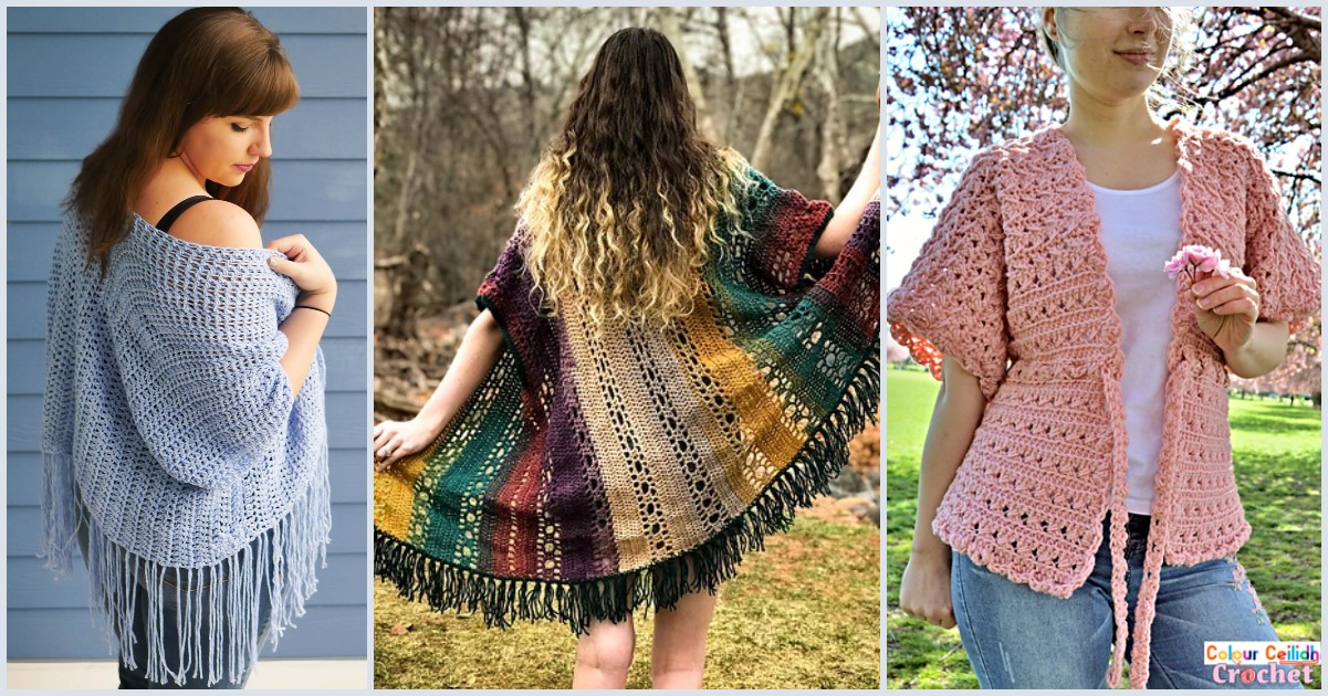 Three women wearing crocheted summer shawls: a blue fringed shawl, a multicolored fringed shawl, and a pink textured kimono cardigan with a tie front, each standing in various outdoor settings.