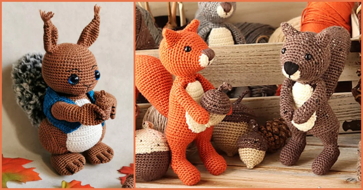 Discover delightful crocheted squirrel toys in various poses and colors, with acorns and yarn adorning the background. Perfect for crafters, these charming creations even come with a free crochet pattern to bring your own adorable squirrels to life.