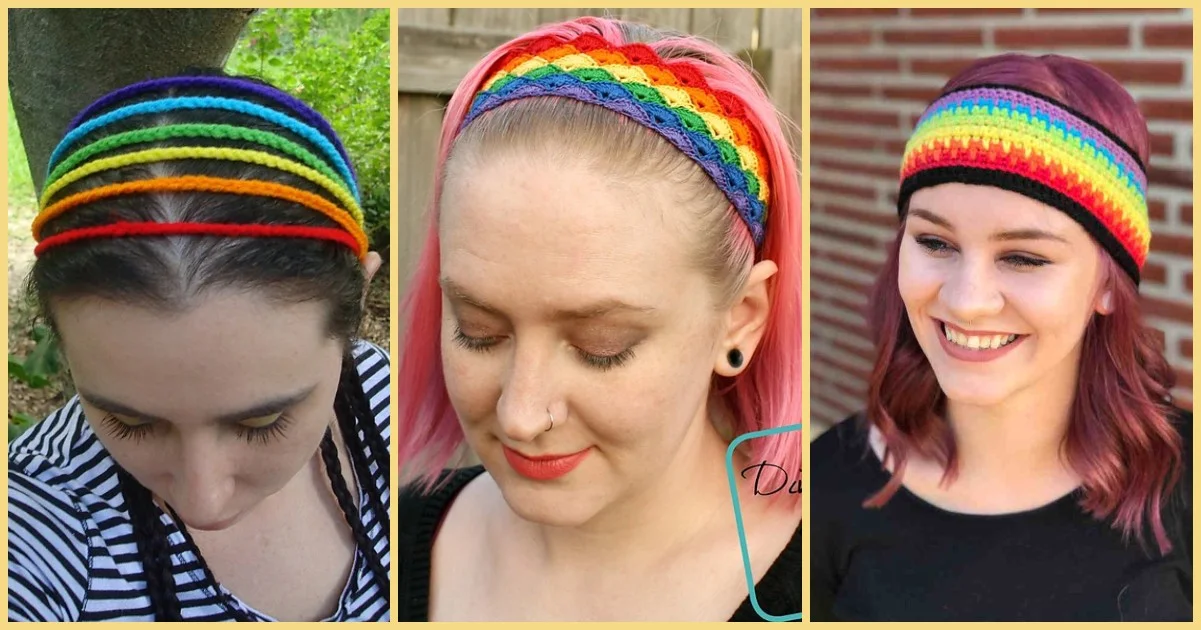 Three people are showcased in separate images, each sporting a vibrant rainbow headband crocheted with care.