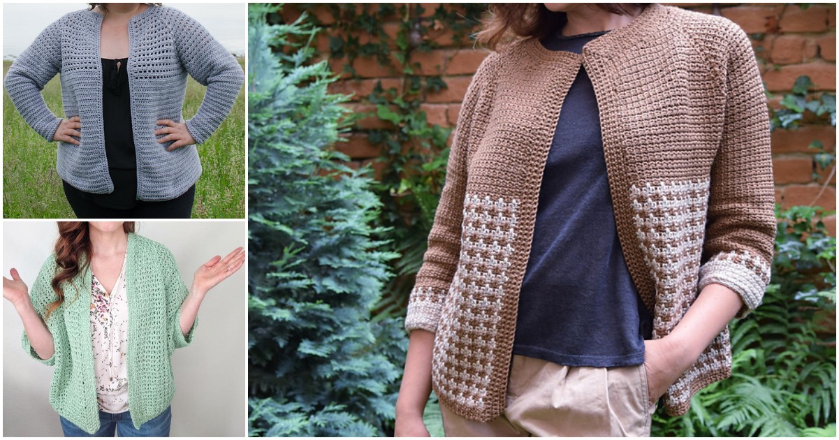 Three images of people wearing crochet raglan cardigans in gray, green, and brown with white accents, each styled with casual tops and pants.