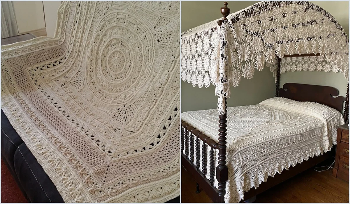 Handmade crocheted bedspread and canopy in intricate lace patterns adorn the wooden four-poster bed, adding an elegant touch.