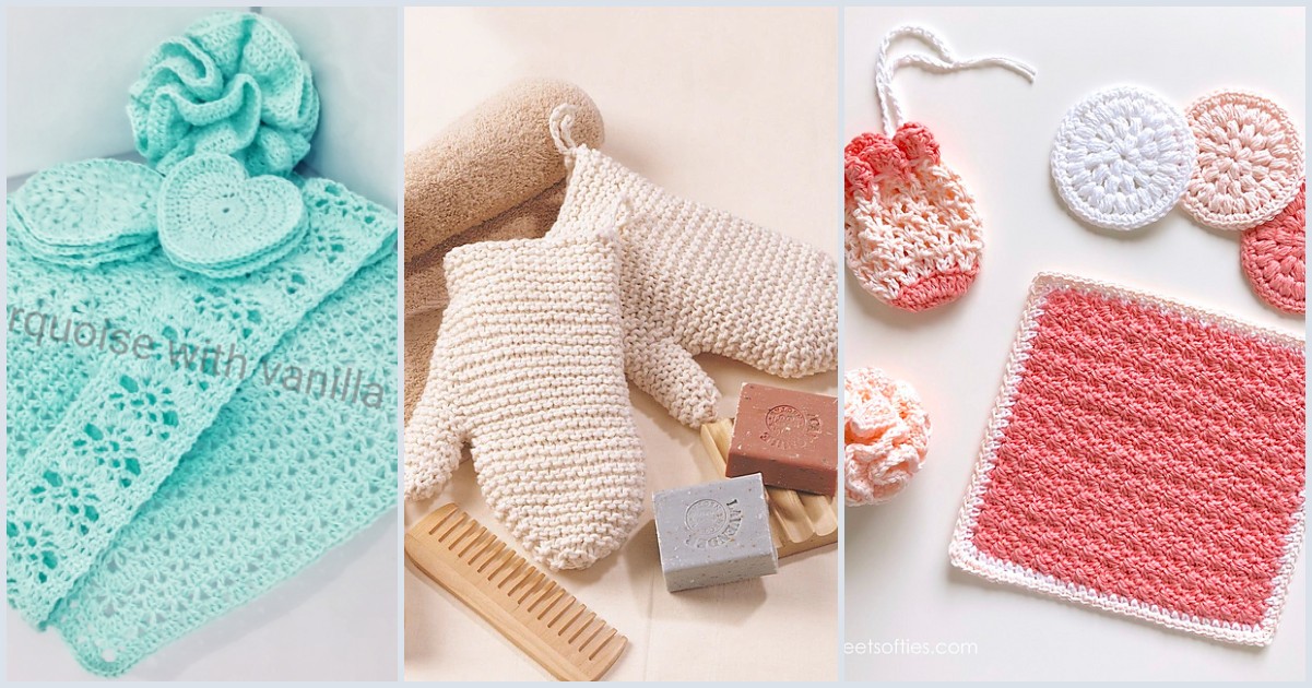 Three images display elegant spa sets of crochet bath items: a turquoise set with scrubbies, a white set with mitts and soaps, and a pink set with cloths and scrubbies.