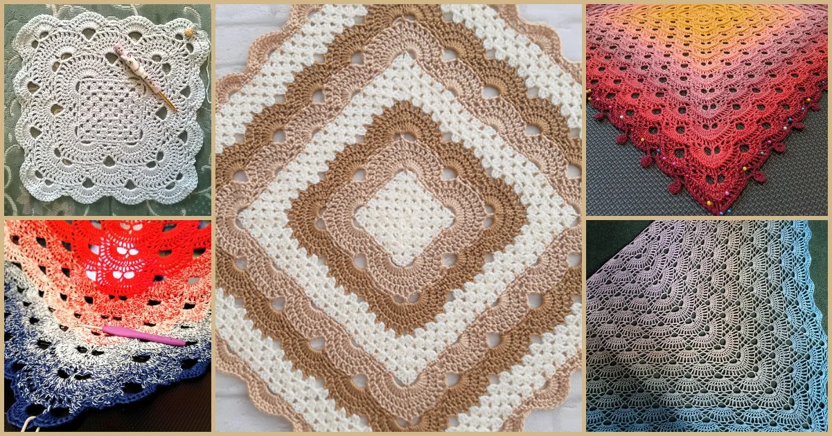 A collage of five intricate crochet pieces, with various patterns and color gradients ranging from neutral to vibrant tones, creatively capturing the swirling complexities akin to a mutated virus. A crochet hook is visible in two of the images.