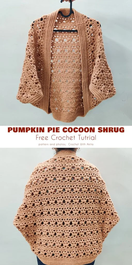 Tan crocheted cocoon shrug displayed on a hanger and worn on a person, with text reading โPumpkin Pie Cocoon Shrug Free Crochet Tutorial.โ This cozy cocoon cardigan is perfect for staying warm while showcasing your crochet skills.