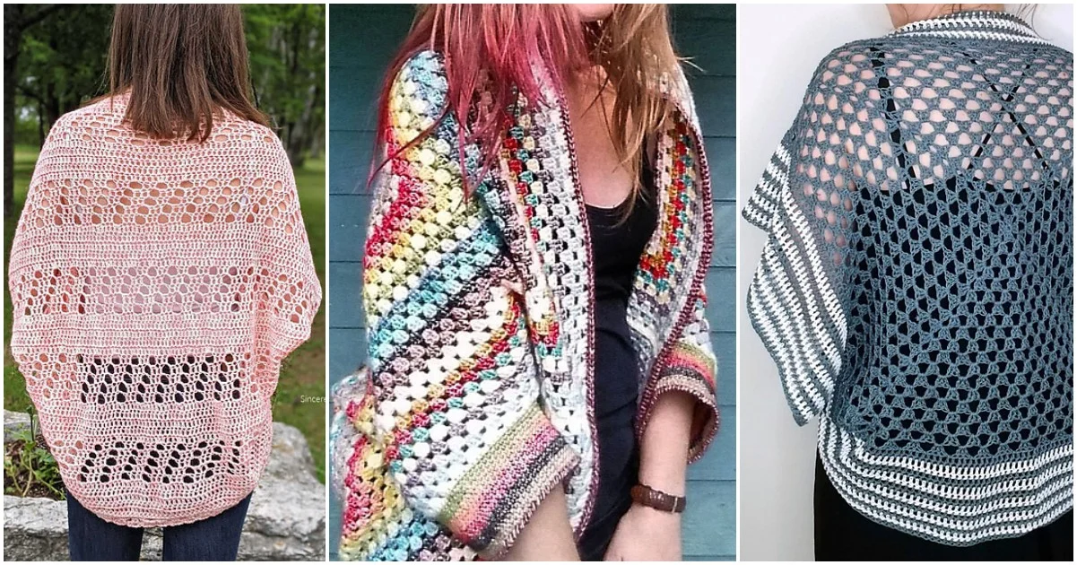 Three women showcase distinct crochet cardigans: a pink cocoon cardigan, a multicolored design, and another in blue and white. Each piece features unique openwork patterns, highlighting individual style and creativity.