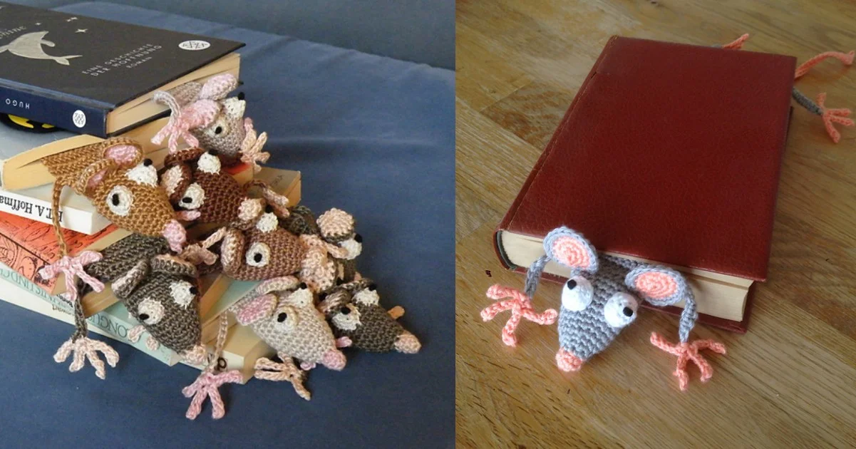 Crocheted animal bookmarks, featuring adorable mice with pink ears and gray bodies, peek out from stacks of books on a couch and table.