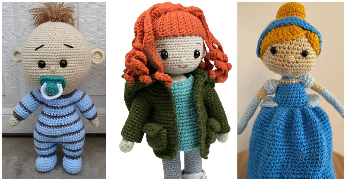 Three charming amigurumi dolls: a baby with a pacifier, a red-haired doll in a green jacket, and a delightful doll in a blue dress with a headband.