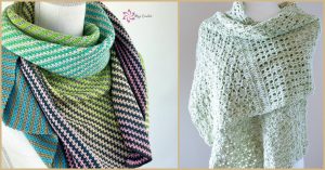 Two mannequins showcasing vibrant summer night shawls. The left features bold stripes, while the right boasts a delicate lacy pattern.